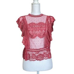 Lace Ruffle Top Size Large Burgundy Sheer